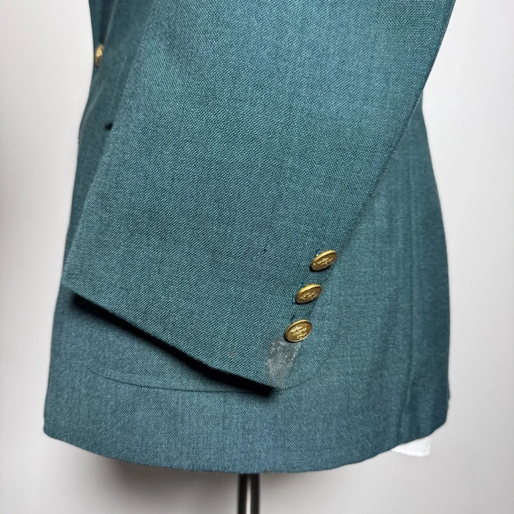 Stafford Blazer Mens 43R Teal Solid‎ Gold Crest Button Single Vent Sport Coat